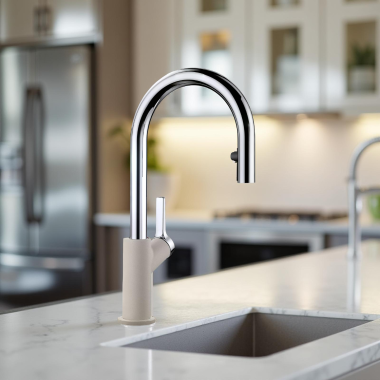 Click here to see Blanco 526399 Blanco Urbena 16-1/8 Inch High Arc Single Handle Pull-Down Kitchen Faucet with Lever Handle, 1.5 GPM, Chrome/Concrete Gray - 526399