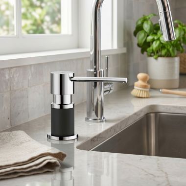 Click here to see BLANCO 402574 Blanco Torre Kitchen Soap Dispenser, 15oz, Chrome/Coal Black - 402574