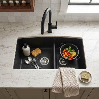 Click here to see BLANCO 442939 Blanco Performa SILGRANIT 60/40 Double Bowl Undermount Kitchen Sink with Low Divide, Coal Black - 442939