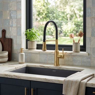 Click here to see  442982 Blanco Empressa Semi-Pro Pull-Out Kitchen Faucet, Swivel Spout, 1.5 GPM, Satin Gold - 442982