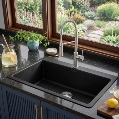 Click here to see  443194 Blanco Liven 33” Single Bowl Dual-Mount Kitchen Sink, Rear Center Drain, Coal Black - 443194
