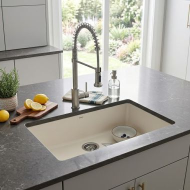Click here to see  443201 Blanco Liven 33” Single Bowl Dual-Mount Kitchen Sink, Rear Center Drain, Soft White - 443201