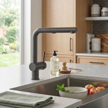 Click here to see BLANCO 526369 Blanco Linus Two Function Pull-Out Kitchen Faucet, Silgranit, 1.5 GPM, Lever Handle, Cinder - 526369