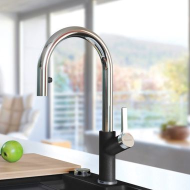 Click here to see Blanco 526398 Blanco Urbena Two Function Pull-Down Kitchen Faucet, Silgranit, 1.5 GPM, Lever Handle, Chrome/Coal Black - 526398