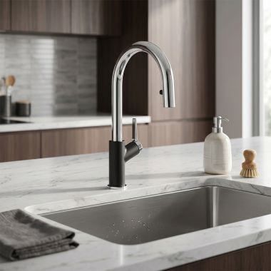 Click here to see Blanco 526398 Blanco Urbena Two Function Pull-Down Kitchen Faucet, Silgranit, 1.5 GPM, Lever Handle, Chrome/Coal Black - 526398