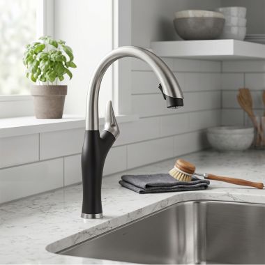 Click here to see BLANCO 526401 Blanco Artona High Arc Single Handle Pull-Down Kitchen Faucet, 1.5 GPM, Stainless/Coal Black - 526401
