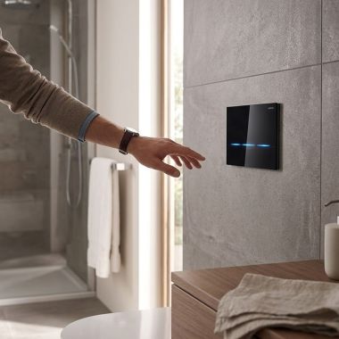 Click here to see Geberit 116.092.SG.1 Geberit Sigma80 Square Hands-Free Actuator, 2x4 Installation, AC Powered, Black Glass - 116.092.SG.1