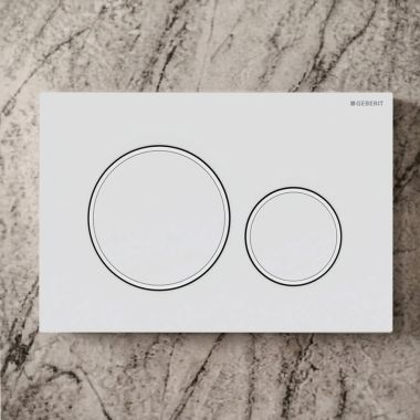 Click here to see Geberit 115.882.01.1 Geberit Sigma20 Dual-Flush Round Actuator Plate For Concealed Tanks, Glossy White Accent, Matte White - 115.882.01.1