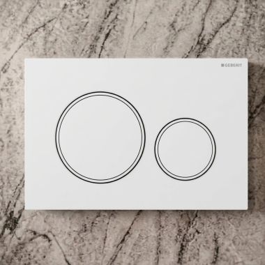 Click here to see Geberit 115.882.11.1 Geberit Sigma20 Dual-Flush Round Actuator Plate For Concealed Tanks, Matte White Accent, Glossy White - 115.882.11.1
