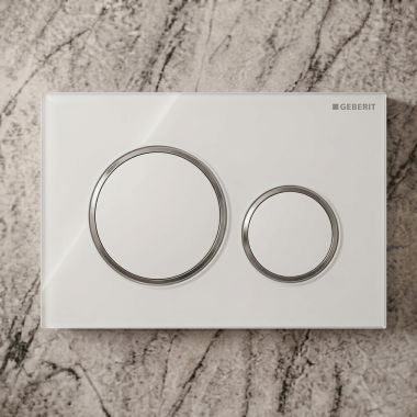 Click here to see Geberit 115.882.KJ.1 Geberit Sigma20 Dual-Flush Round Actuator Plate For Concealed Tanks, Polished Chrome Accent, Glossy White - 115.882.KJ.1