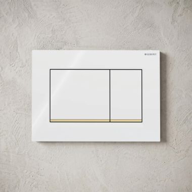Click here to see Geberit 115.883.KK.1 Geberit Sigma20 Dual-Flush Square Actuator Plate For Concealed Tanks, Polished Gold Accent, Glossy White - 115.883.KK.1