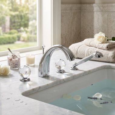 Click here to see JOERGER 600.40.100.000-11 Jorger Florale Crystal Deck Mount Two Handle Tub Filler w/ Hand Shower, Chrome/Clear Crystal - 600.40.100.000-11
