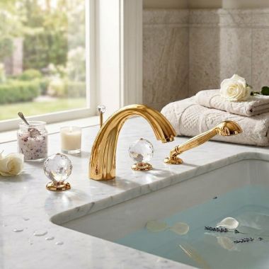 Click here to see JOERGER 600.40.100.040-11 Jorger Florale Crystal Deck Mount Two Handle Tub Filler w/ Hand Shower, Sunshine/Clear Crystal - 600.40.100.040-11