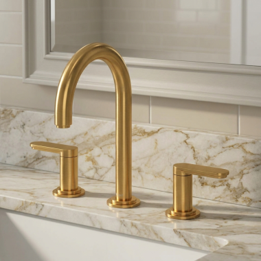 Click here to see Rohl AARD08BG Rohl Arca Two-Handle Bathroom Faucet with Push Drain, C-Spout, 1.2 GPM, Lever Handles, Brushed Gold - AARD08BG