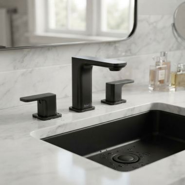 Click here to see Rohl EQ08BK Rohl Equinox Two-Handle Widespread Lavatory Faucet with Push Drain, 1.2 GPM, Ceramic Cartridge, Matte Black - EQ08BK 