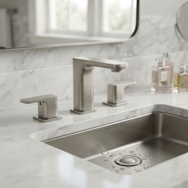 Click here to see Rohl EQ08BN Rohl Equinox Two-Handle Widespread Lavatory Faucet with Push Drain, 1.2 GPM, Ceramic Cartridge, Brushed Nickel - EQ08BN