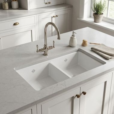 Click here to see Rohl MS3518WH Rohl Shaws Shaker Double Bowl Apron Front Fireclay Kitchen Sink, White - MS3518WH