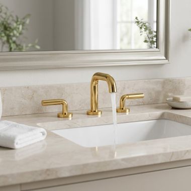 Click here to see Rohl RUSQ08LBG Rohl Riu Two-Handle Widespread Lavatory Faucet with Push Drain, 1.2 GPM, Ceramic Cartridge, Brushed Gold - RUSQ08LBG
