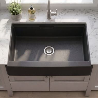 Click here to see Hamat SIO-3320SAW-BL Hamat SiOStone 33″ Granite Apron-Front Workstation Kitchen Sink, Black - SIO-3320SAW-BL