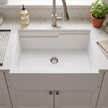 Click here to see Hamat SIO-3320SAW-WH Hamat SiOStone 33″ Granite Apron-Front Workstation Kitchen Sink, White - SIO-3320SAW-WH