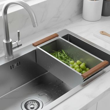 Click here to see   Bocchi Shallow Colander with Wooden Sapele Handles, Stainless Steel - 2310-001