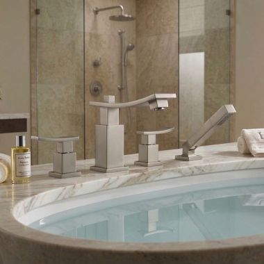 Click here to see   Jorger Empire II Deck Mount Two Handle Tub Filler w/ Hand Shower, Platinum Matte - 628.40.100.066