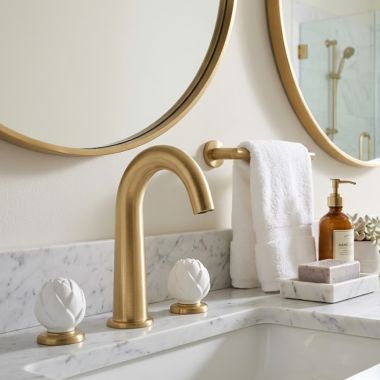 Click here to see   Jorger Belledor Two-Handle Widespread Lavatory Faucet, 1.2 GPM, Sunshine Matte/White Porcelain - 631.30.300.041-31