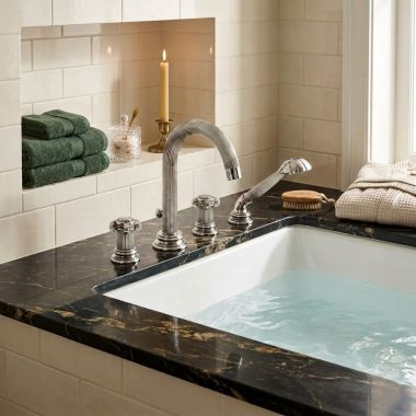 Click here to see   Jorger Aphrodite Deck Mount Two Handle Tub Filler w/ Hand Shower, Platinum - 607.40.100.065