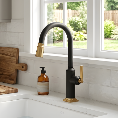Click here to see   Newport Brass Adams Single-Handle Pull-Down Kitchen Faucet, 1.8 GPM, Flat Black and Satin Gold - 3170-5103/SP-56X24S
