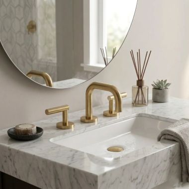 Click here to see   Phylrich Transition Two Handle Widespread Lavatory Faucet w/ Low Spout, 1.2 GPM, Satin Brass - 120-04-004