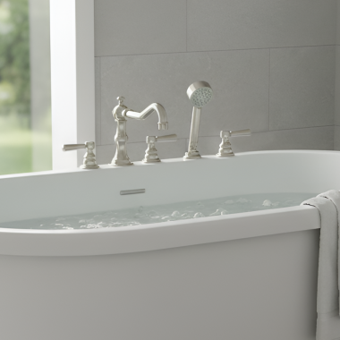 Click here to see   Phylrich Henri Deck Mount Two Handle Tub Filler Trim Set w/ Hand Shower, Polished Nickel - 161-49-014
