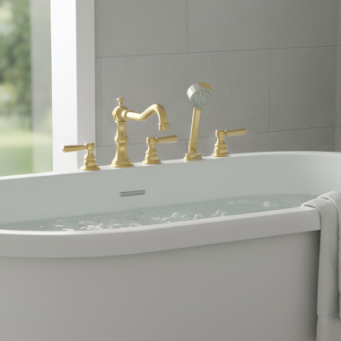 Click here to see   Phylrich Henri Deck Mount Two Handle Tub Filler Trim Set w/ Hand Shower, Polished Gold - 161-49-025