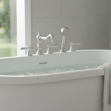 Click here to see   Phylrich Henri Deck Mount Two Handle Tub Filler Trim Set w/ Hand Shower, Polished Chrome - 161-49-026