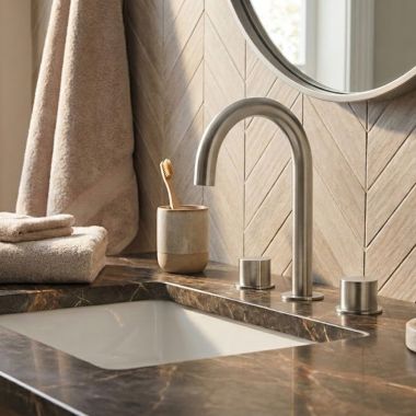 Click here to see   Phylrich Basic II Two Handle Widespread Lavatory Faucet w/ Tall Spout, 1.2 GPM, Satin Chrome - 230-02-26D