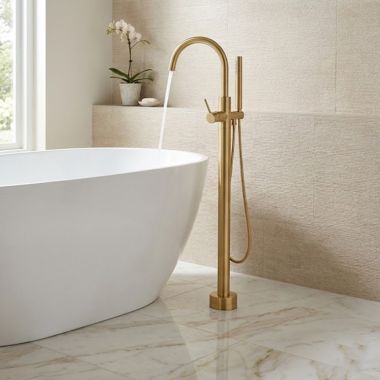 Click here to see   Phylrich Basic II Floor Mount Tub Filler w/ Hand Shower, Lever Handle, Satin Brass - 230-45-01-004