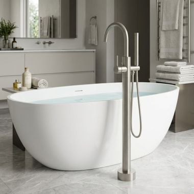 Click here to see Phlyrich  Phylrich Basic II Floor Mount Tub Filler w/ Hand Shower, Smooth Handle, Satin Chrome - 230-46-01-26D