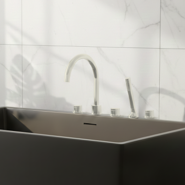 Click here to see   Phylrich Basic II Deck Mount Two Handle Tub Filler Trim Set w/ Hand Shower, Satin Nickel - 230-48-015