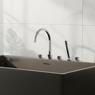 Click here to see   Phylrich Basic II Deck Mount Two Handle Tub Filler Trim Set w/ Hand Shower, Polished Chrome - 230-48-026