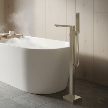 Click here to see   Phylrich Mix Single-Handle Floor Mount Tub Filler w/ Hand Shower, Lever Handle, Satin Nickel - 290-45-015