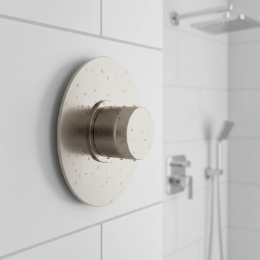 Click here to see   Phylrich Basic II Mini Thermostatic Valve Trim, Round Handle, Satin Nickel - 4-172-015