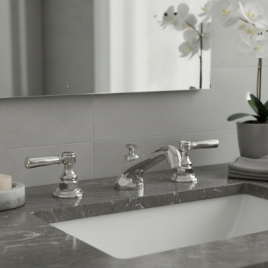 Click here to see   Phylrich Hex Traditional Two Handle Widespread Lavatory Faucet, 1.2 GPM, Polished Nickel - 500-02-014