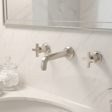 Click here to see   Phylrich Hex Modern Wall Mount Lavatory Faucet, Cross Handles, 1.2 GPM, Polished Nickel - 501-11-014