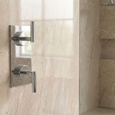 Click here to see   Phylrich Transition Two-Handle Thermostatic Valve Trim with Volume Control/Diverter, Lever Handle, Satin Nickel - 4-013-015