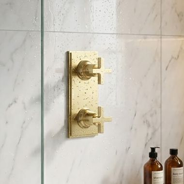 Click here to see   Phylrich Hex Modern Thermostatic Valve Trim with Volume Control/Diverter, Cross Handle, Uncoated Polished Brass - 4-105-03U