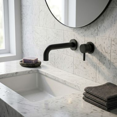 Click here to see   Phylrich Basic II Single-Handle Wall-Mount Lavatory Faucet, Lever Handle, 1.2 GPM, Matte Black - 230-15-040