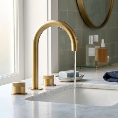 Click here to see   Phylrich Basic II Two Handle Widespread Lavatory Faucet w/ Knurled Handle, 1.2 GPM, Uncoated Polished Brass - 230-01-03U