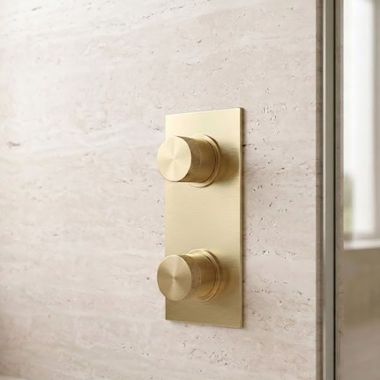 Click here to see   Phylrich Basic II Two-Handle Mini Thermostatic Valve Trim with Volume Control/Diverter, Knurled Handles, Uncoated Polished Brass - 4-168-03U