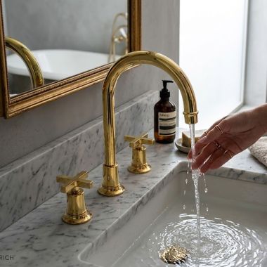 Click here to see   Phylrich Hex Modern Two Handle Widespread Lavatory Faucet w/ Cross Handle, 1.2 GPM, Uncoated Polished Brass - 501-03-03U