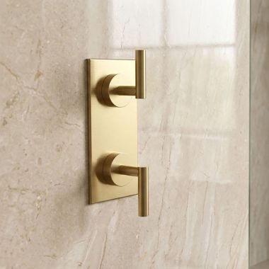 Click here to see   Phylrich Transition Two-Handle Thermostatic Valve Trim with Volume Control/Diverter, Lever Handle, Satin Brass - 4-013-004