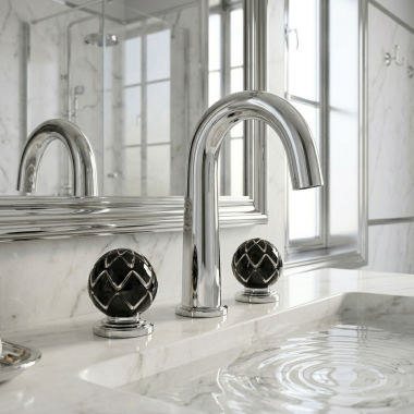 Click here to see   Jorger Belledor Two-Handle Widespread Lavatory Faucet, 1.2 GPM, Chrome Black/Platinum Porcelain - 631.30.300.000.37